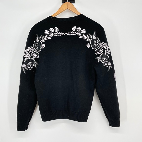 Kobi Halperin Black Floral Embroidered Wool Blend Zip Up Cardigan Sweater Size L - Picture 2 of 6